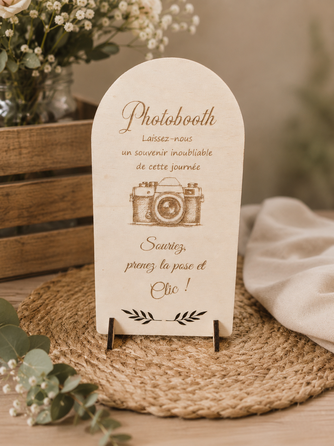 Pancarte activité en bois gravé pour photobooth bar à punch mariage